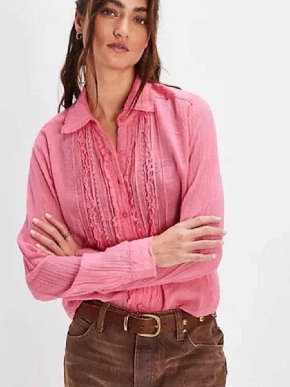 Free People FP One Drew Tuxedo Shirt Ruffle Gauze Button Top XS